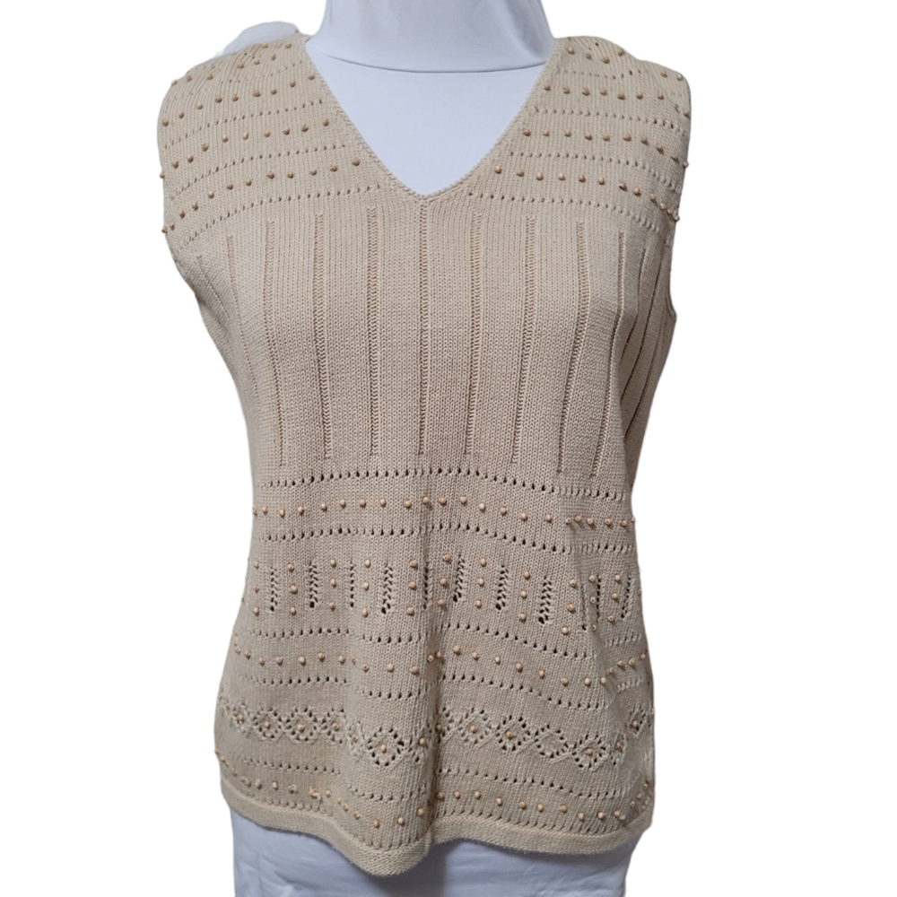 Liz Clairborne Beige Knit‎ sweater vest top, linen cotton blend, sleeveless